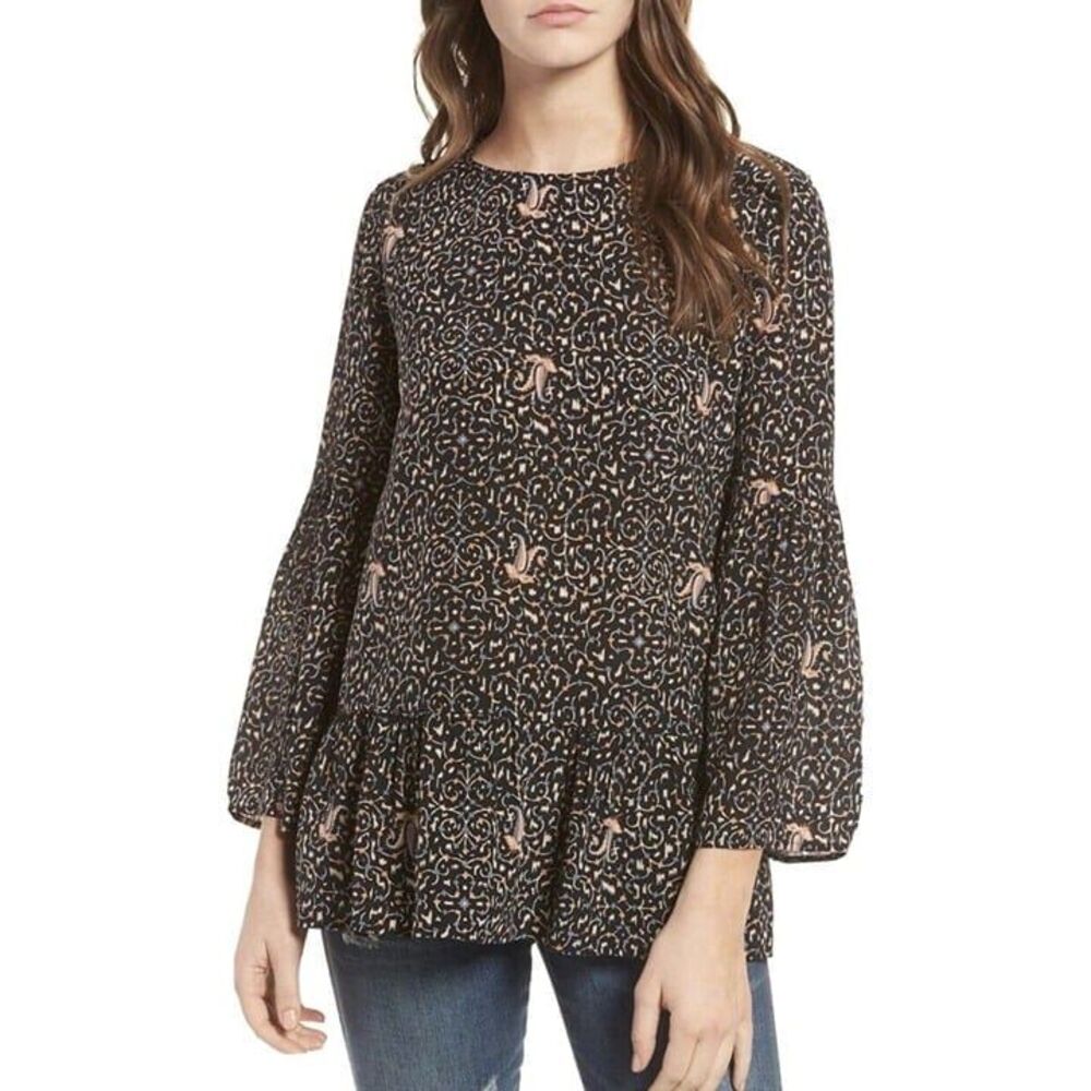 Madewell 100% Silk Fiesta Paisley Bell Sleeve Peplum Blouse Top Black Large